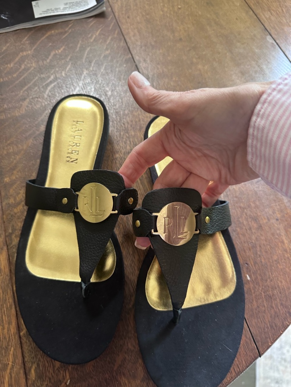 Ralph Lauren Black Leather Thong Sandals with Gold Logo Medallions